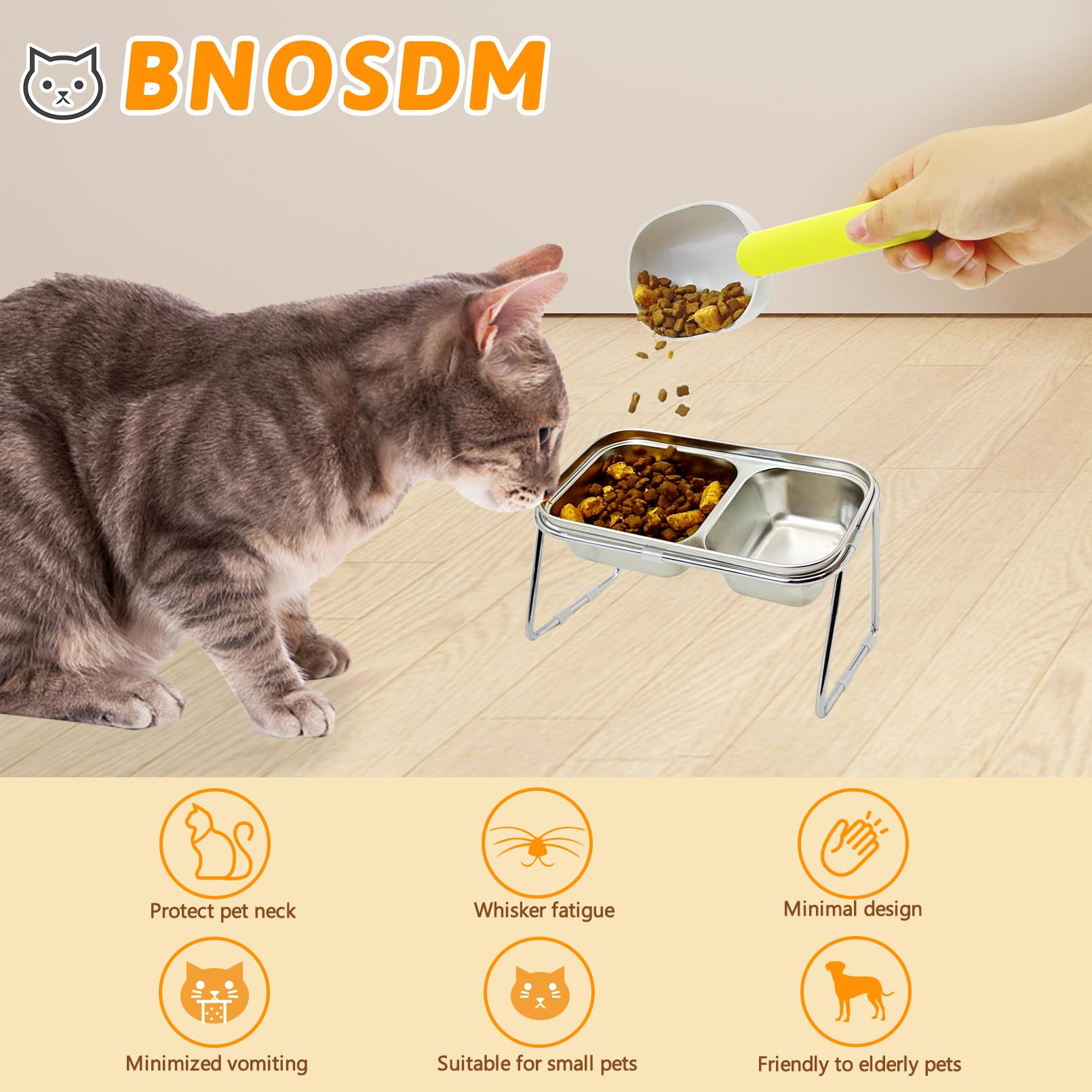 BNOSDM Raised Cat Bowls Stainless Steel 15° Tilted Elevated Kitten Food Bowl Stand, Double Food and Water Bowl Set Pet Anti Vomiting Feeder and Scoop Anti Slip Feet for Cats and Small Dogs