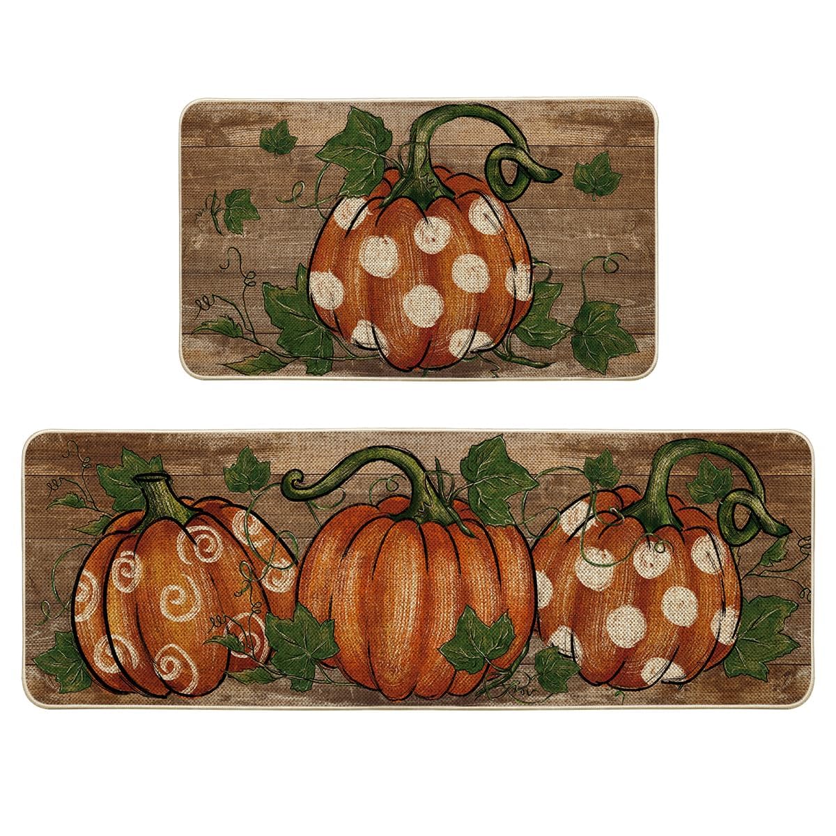 Artoid Mode Wood Dot Pumpkin Leaves Fall Kitchen Mats Set of 2, Autumn Home Decor Low-Profile Kitchen Rugs for Floor - 17x29 and 17x47 Inch