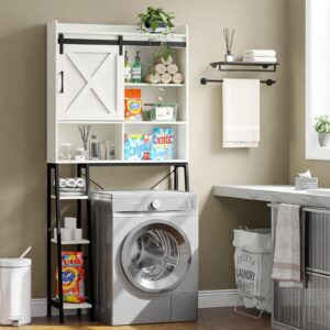 Over The Toilet Storage Cabinet, Farmhouse Storage Cabinet Over Toilet with Sliding Door & Toilet Paper Holder Stand，Home Space-Saving Toilet Rack, for Bathroom, Restroom, Laundry