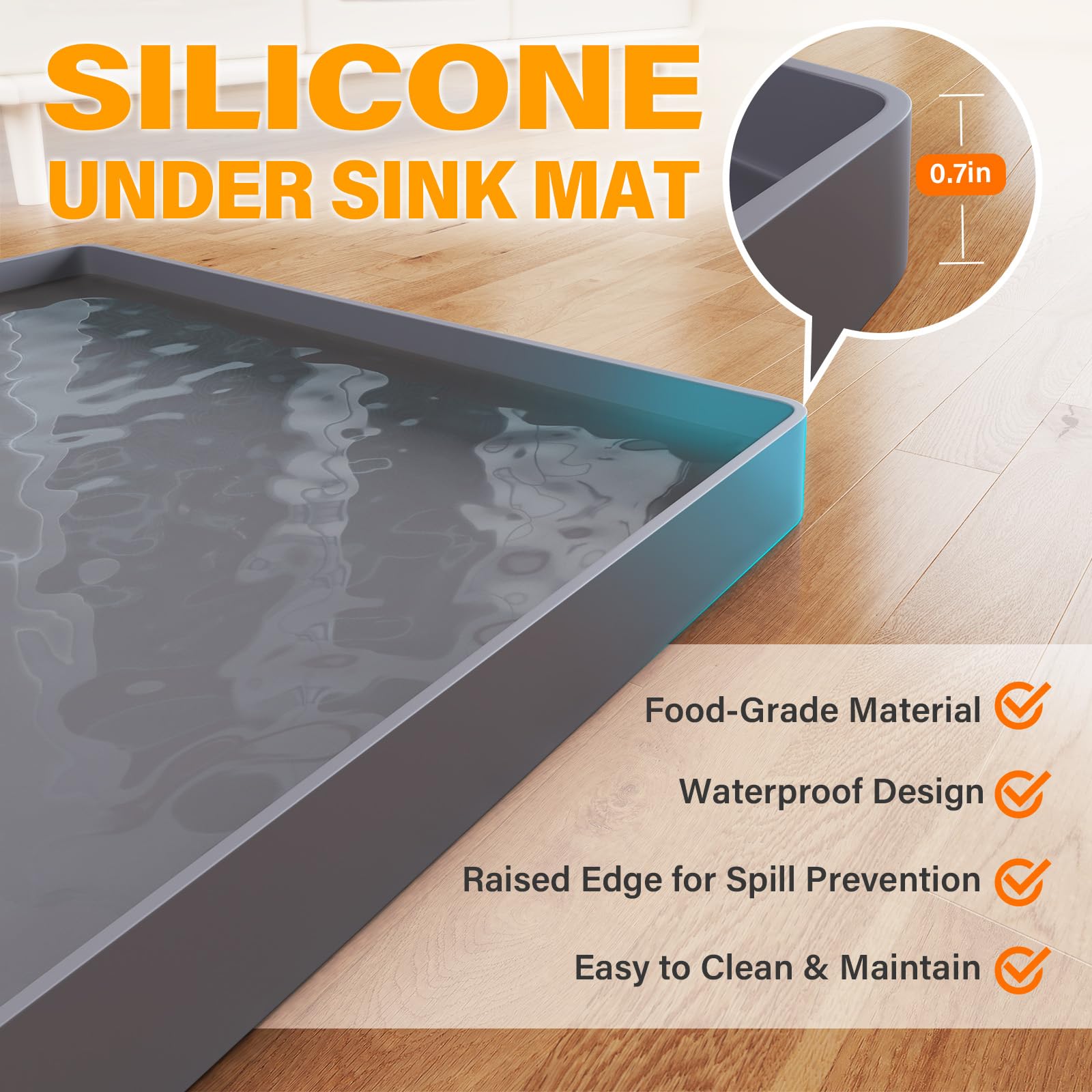 FLATO Waterproof Under Sink Mat - 34" x 22" Shelf Liner for Kitchen & Bathroom, Cabinet Protector, Organizers and Storage, Flexible Silicone Sink Drip Tray