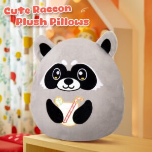 Glow Guards 12-Inch Raccoon Plush Pillow Cute Raccoon Stuffed Animal Soft Raccoon Plush Toy Holding Juice, Birthday Raccoon Gift for Boys Girls Kid