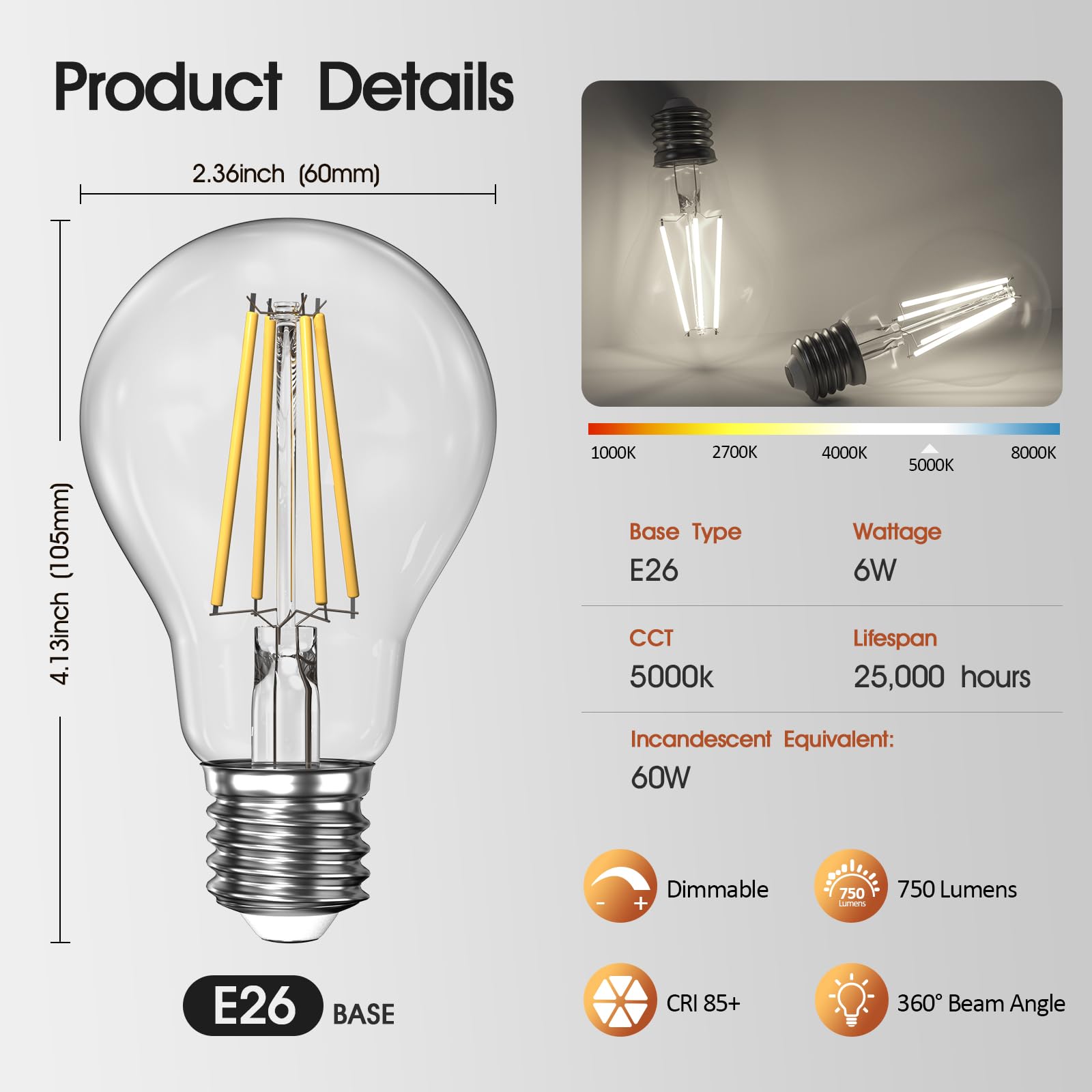 Dimmable A19 Clear LED Light Bulbs 60W Equivalent, 6W, 5000K Daylight Cool Light for Table Lamp Floor Lamp Bathroom Vanity Outdoor Wall Light Fixture, CRI85+, 750LM, E26 Base, 6Packs