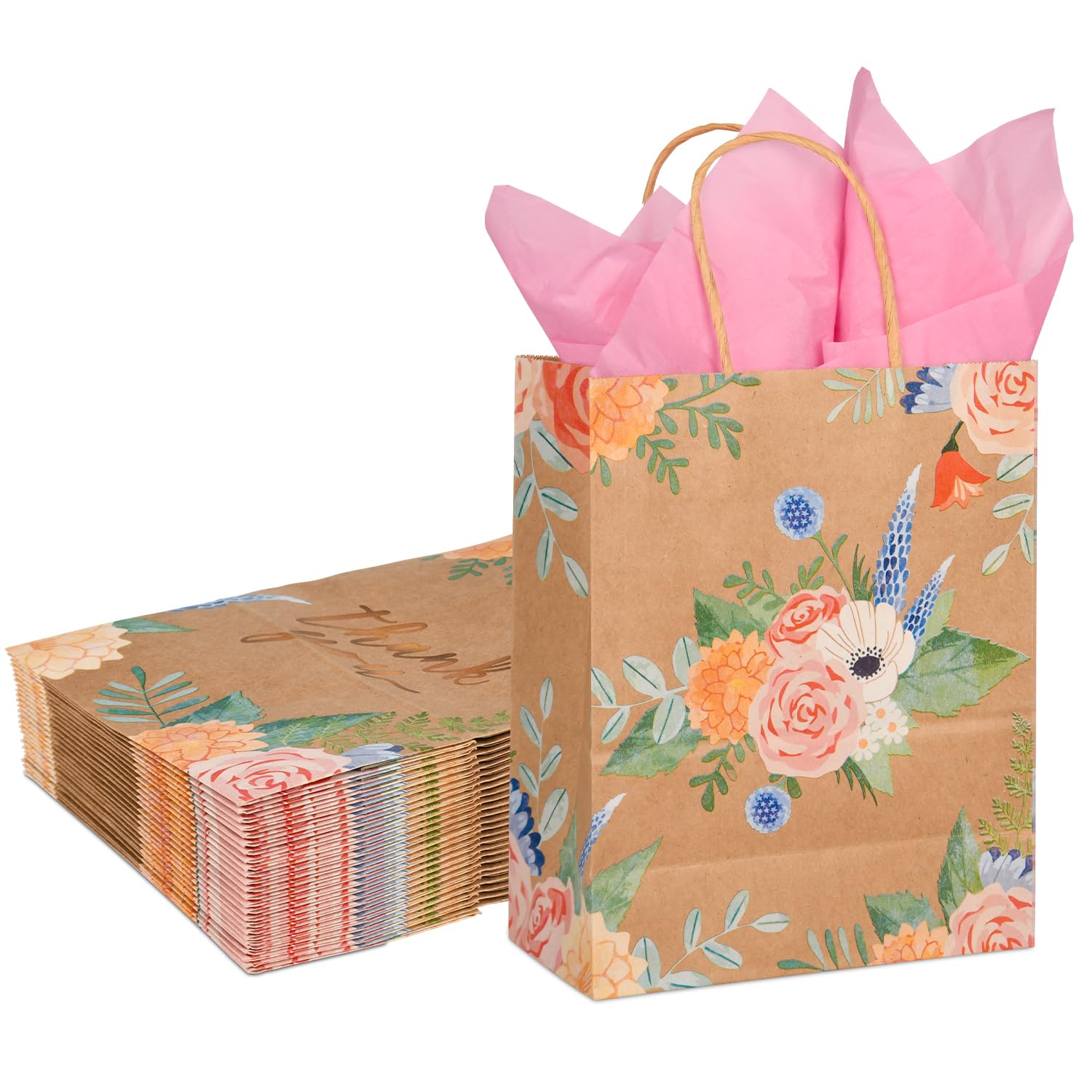 DjinnGlory 25 Pack 10x8x4 Inch Medium Sized Brown Kraft Floral Paper Gift Bags with and 25-Sheet Pink Tissue Paper for Birthday Wedding Baby Shower Party Treats, Goodies, Christmas Gifts (Thank You Design)