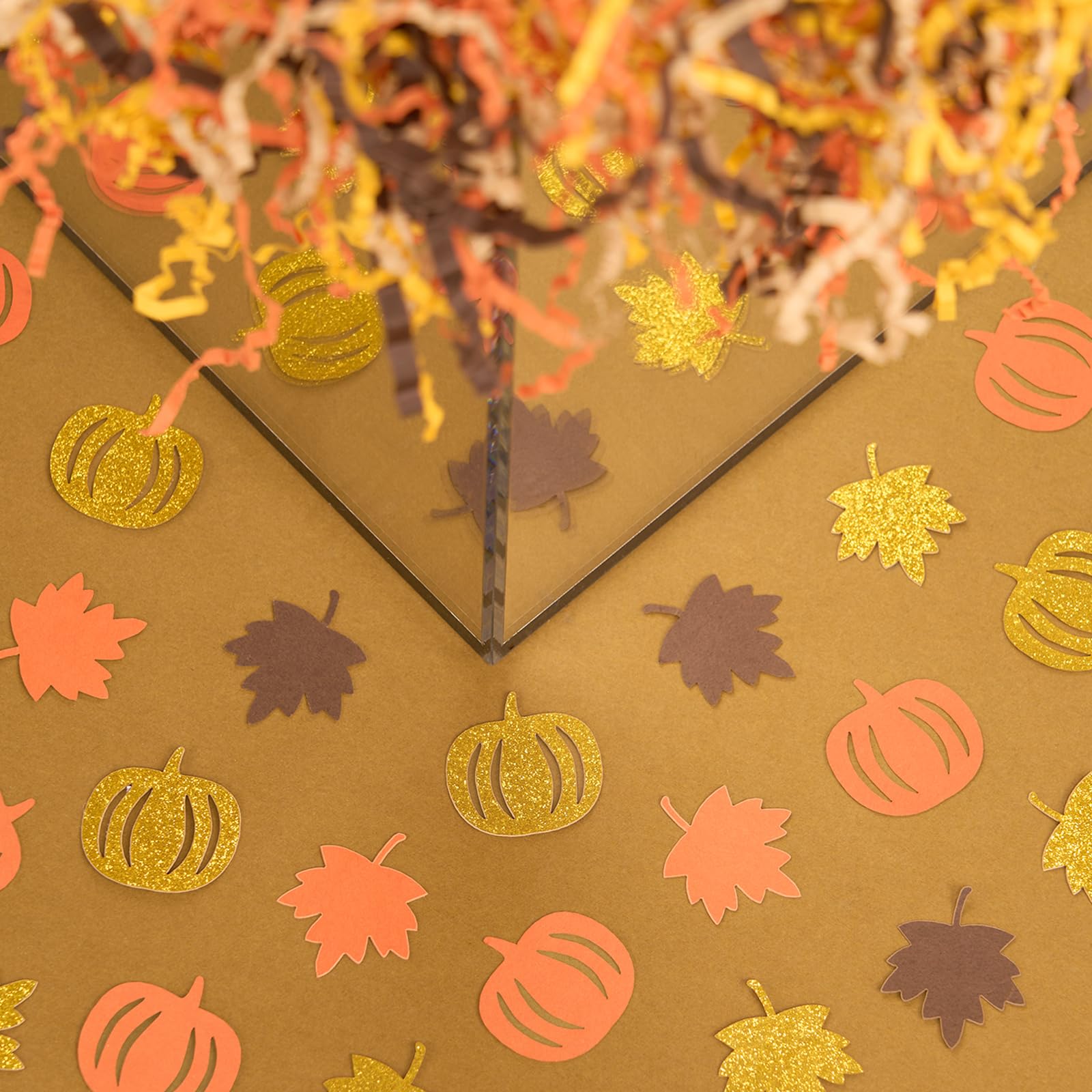 PAPER FAIR 1 LB Harvest Crinkle Cut Paper Shred Filler w/Pumpkin Leaf Confetti, Chocolate Brown/Orange/Yellow Fall Leaves Raffia Tissue Craft Bedding Cushion for Thanksgiving