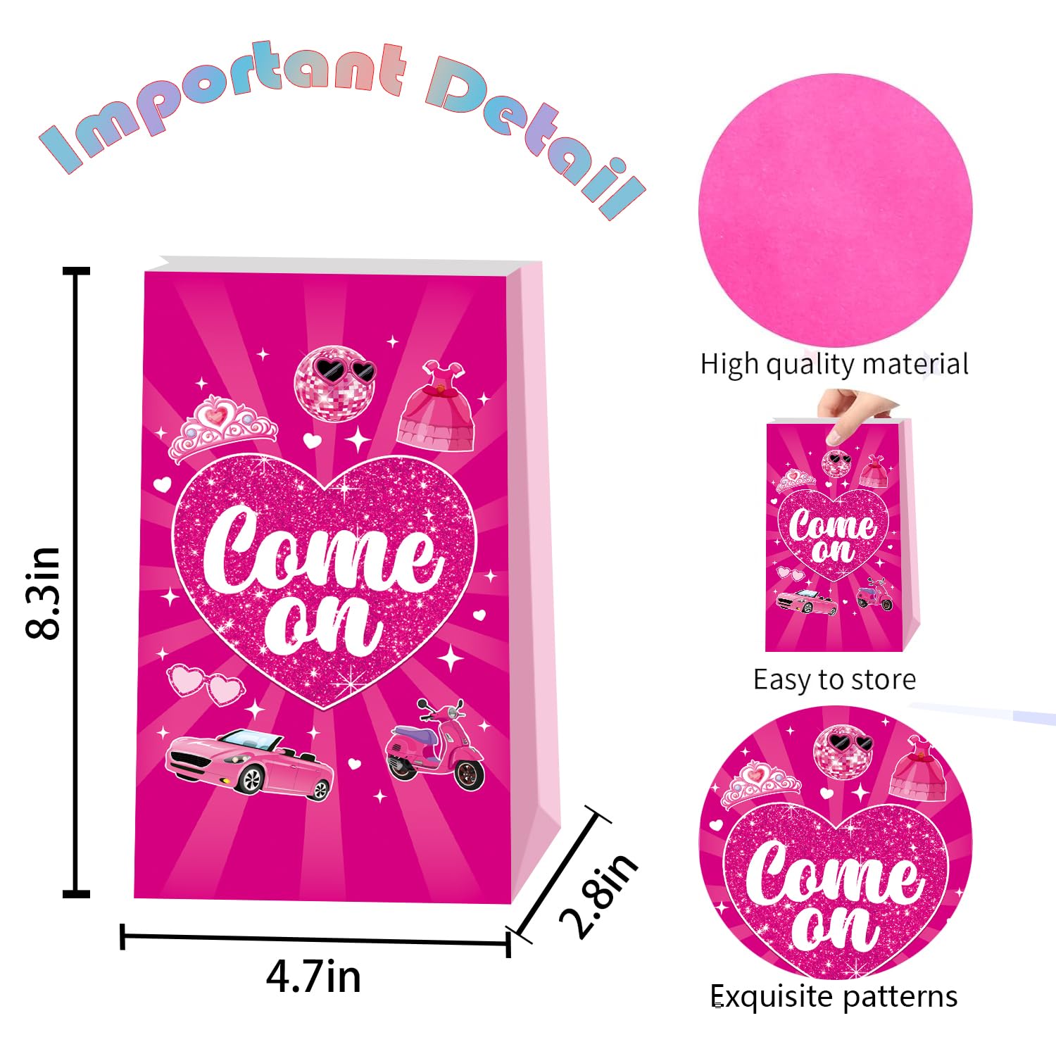 12 Pcs Pink Girl Party Bags, Princess Candy Goodie Treat Gift Bags, Hot Pink Party Favors Bags for Girls Kids Birthday Party Supplies, Princess Decoration Gift Bags for Girls Princess Theme Party