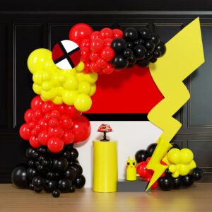 momo rucci 128pcs red black yellow balloons arch garland kit, with cartoon flash lightning foil balloon,for superhero theme race car cartoon boy birthday baby shower party decoration supplies