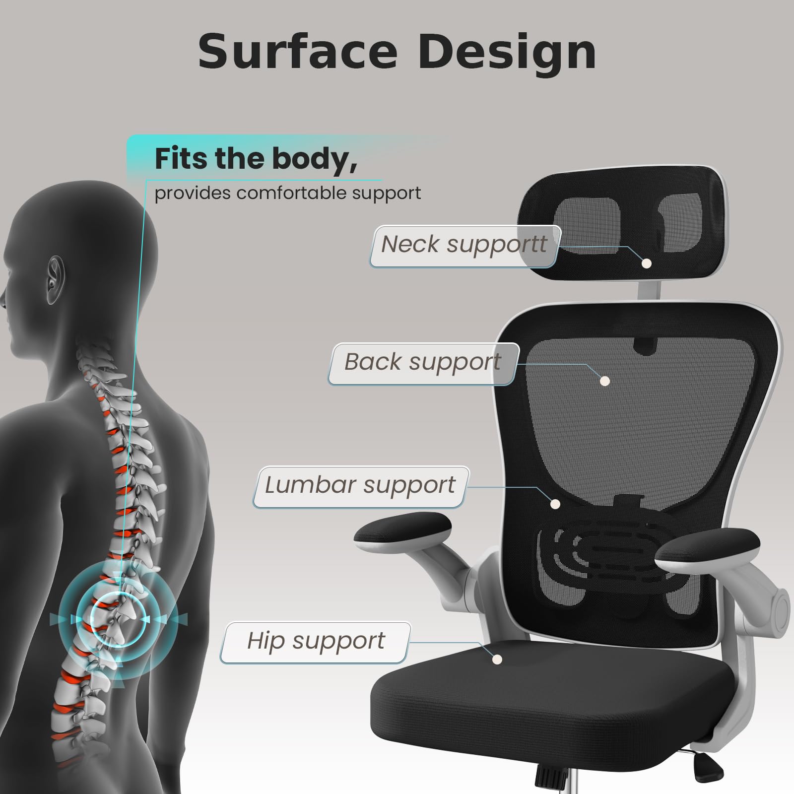 Ergonomic Office Chair, High Back Home Desk Chair with Adjustable Lumbar Support and Headrest, Breathable Mesh Swivel Task Chair, White Executive Computer Chair, Black and White