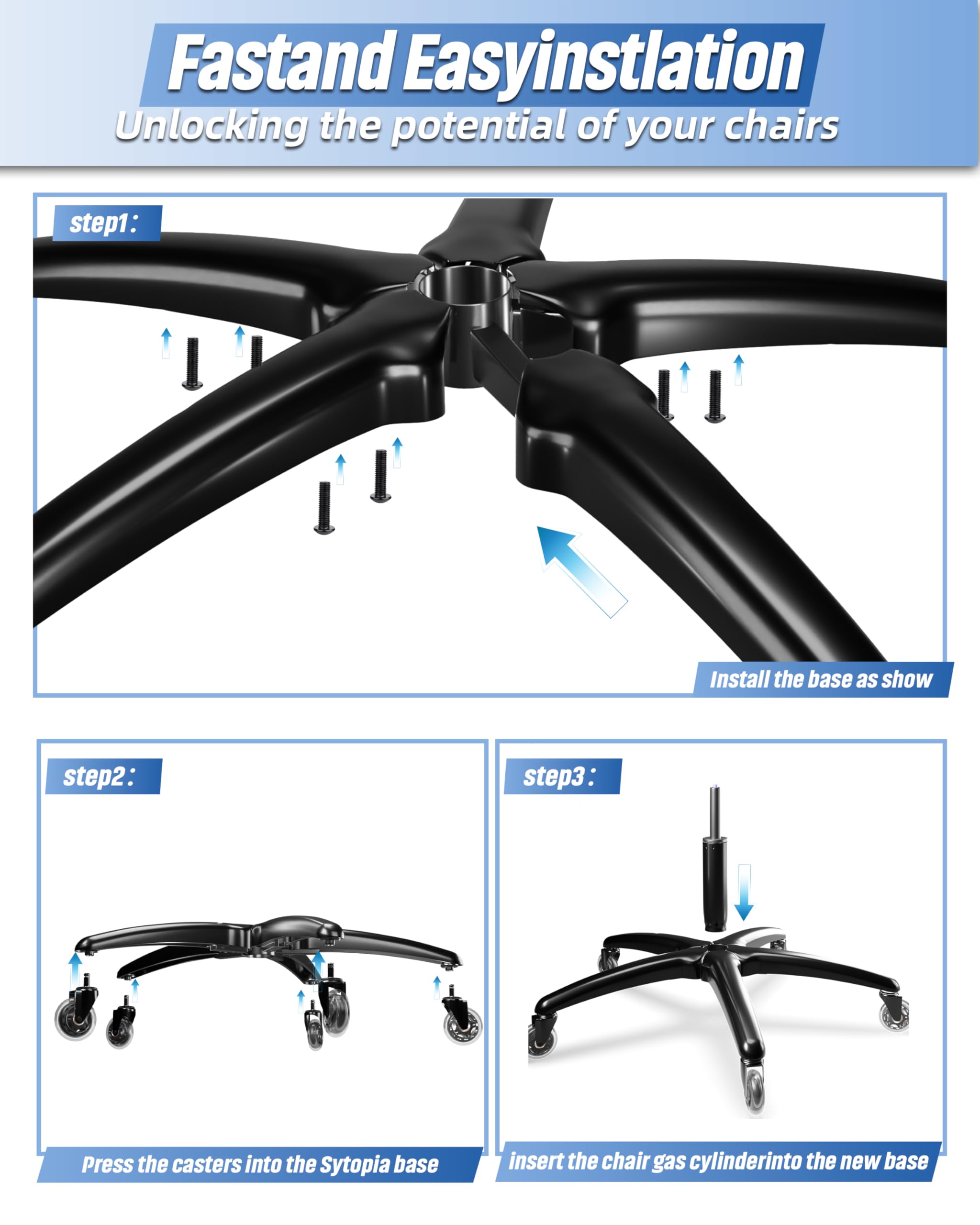 Sytopia 28" Heavy Duty Office Chair Base Replacement with Wheels (Set of 5), Metal Desk Chair Base