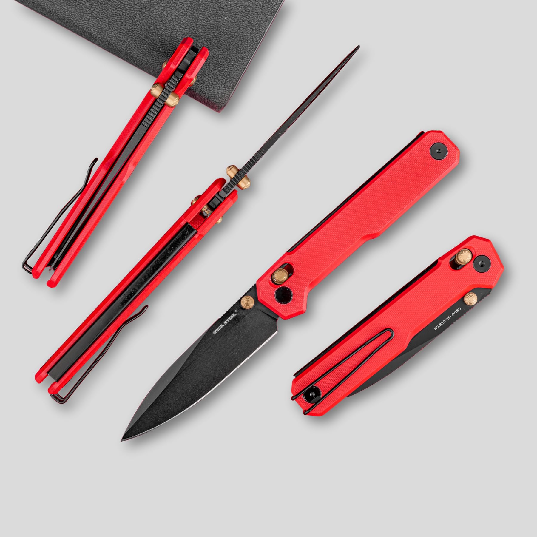 Real Steel Perix Crossbar Lock Camping Knife 3.5'' Nitro-V Drop Point Blade, G10 Handle (Black PVD/Red G10 Handle)