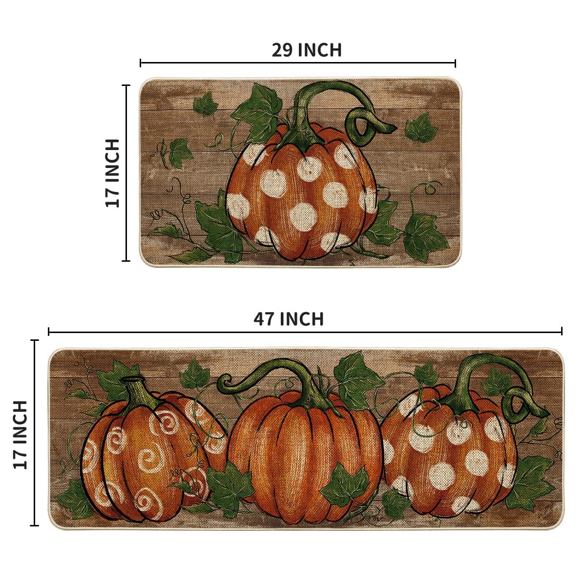 Artoid Mode Wood Dot Pumpkin Leaves Fall Kitchen Mats Set of 2, Autumn Home Decor Low-Profile Kitchen Rugs for Floor - 17x29 and 17x47 Inch