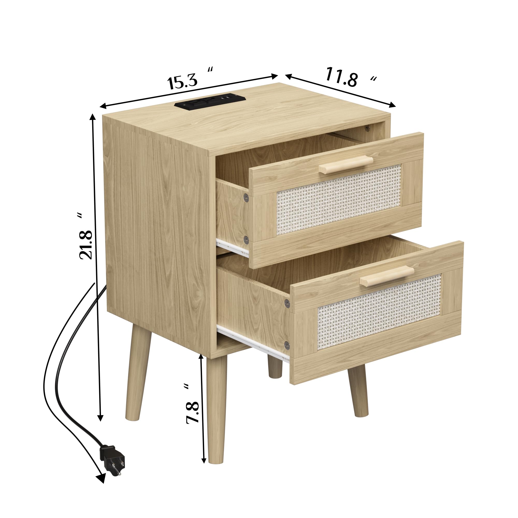 Ltysh Night Stand Set 2, Rattan Nightstand with Charging Station, Bedside Table with USB Ports & Outlets Bed Side Table,End Table for Bedroom,Living Room(Nature Wood Color-Set of 2)