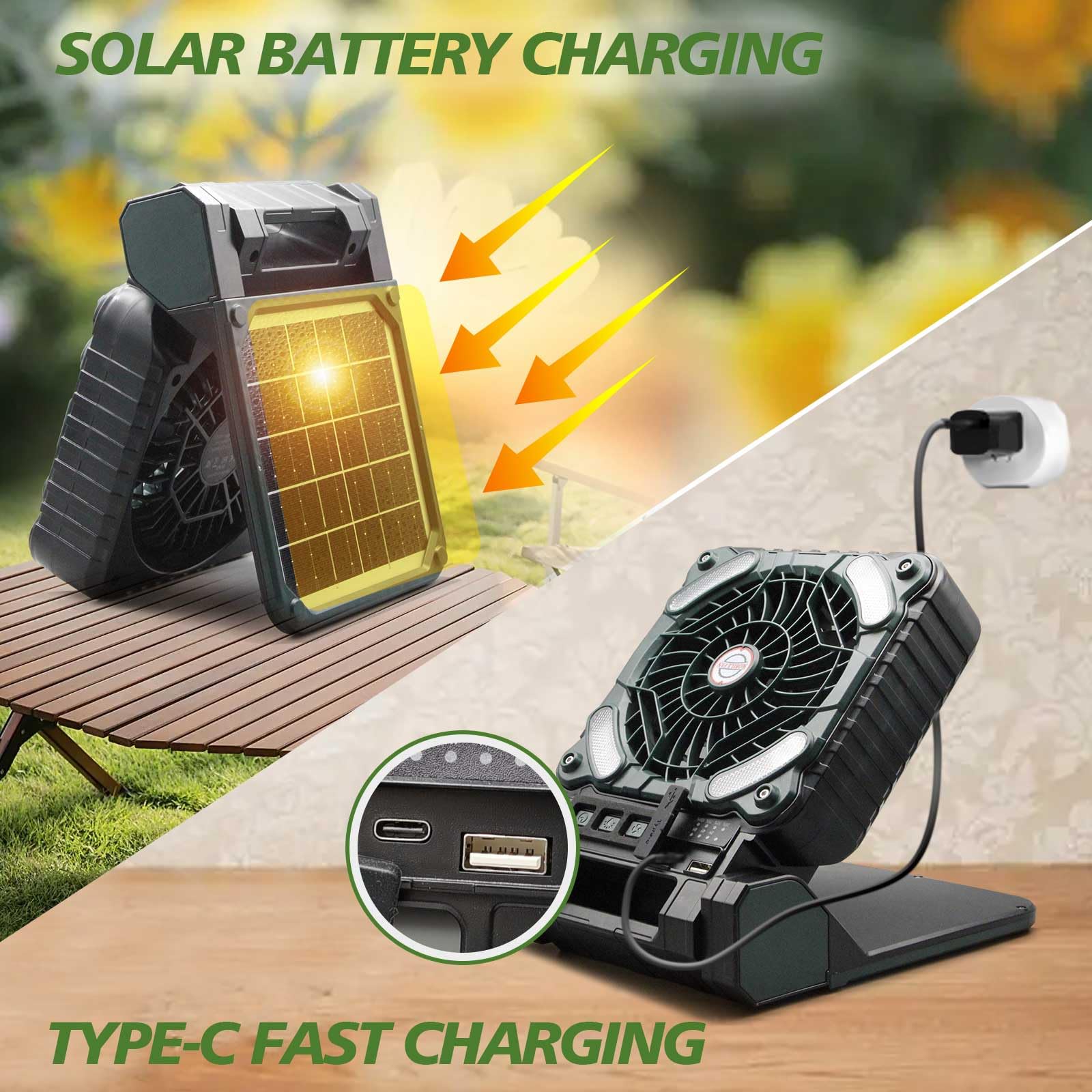 10400mAh Solar Camping Fan, High Power Rechargeable Portable Fan With LED, Used as A Emergency Power to Charge Mobile Phones in Outdoor, Picnic, Fishing