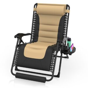 suteck oversized zero gravity chair 29in xl reclining camping chair w/build-in cushion, outdoor lounge chairs patio recliner with larger cup holder footrest padded headrest, 330lbs, khaki&black