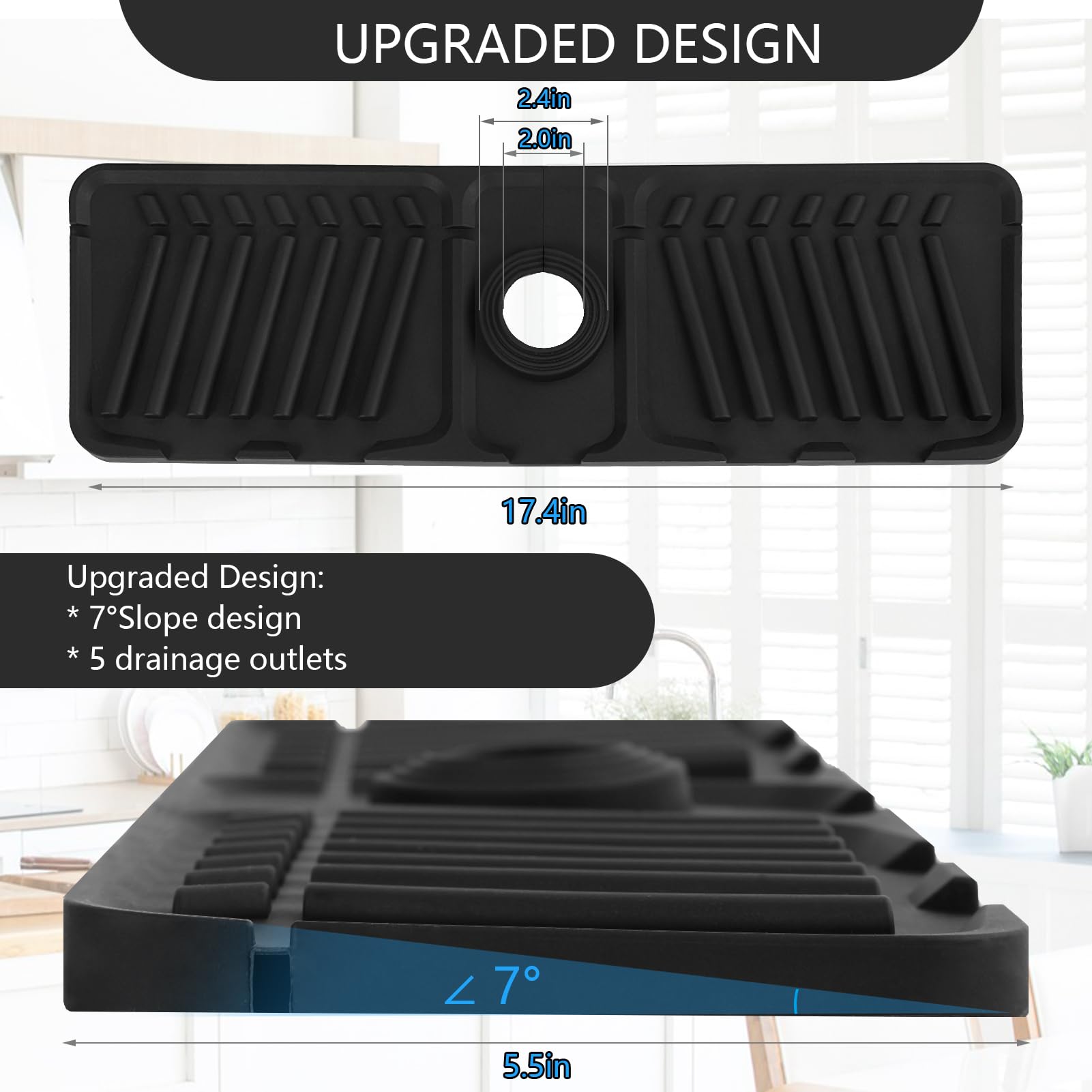 Dimber Sink Splash Guard, Kitchen Sink Splash Guard with 5 Drains, Faucet Mat for Kitchen Sink 17.4”x5.5”(Black,1-Pack)