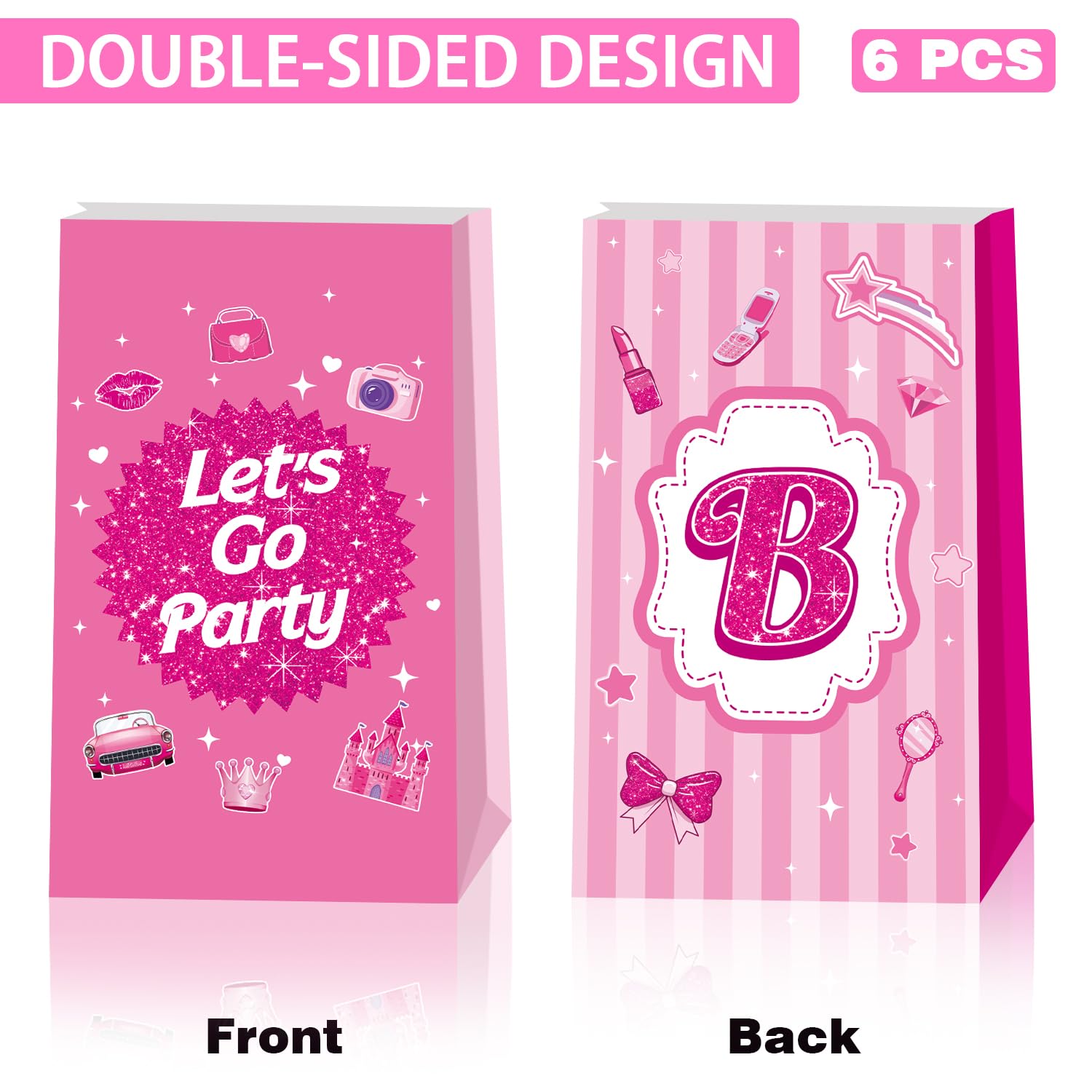 12 Pcs Pink Girl Party Bags, Princess Candy Goodie Treat Gift Bags, Hot Pink Party Favors Bags for Girls Kids Birthday Party Supplies, Princess Decoration Gift Bags for Girls Princess Theme Party