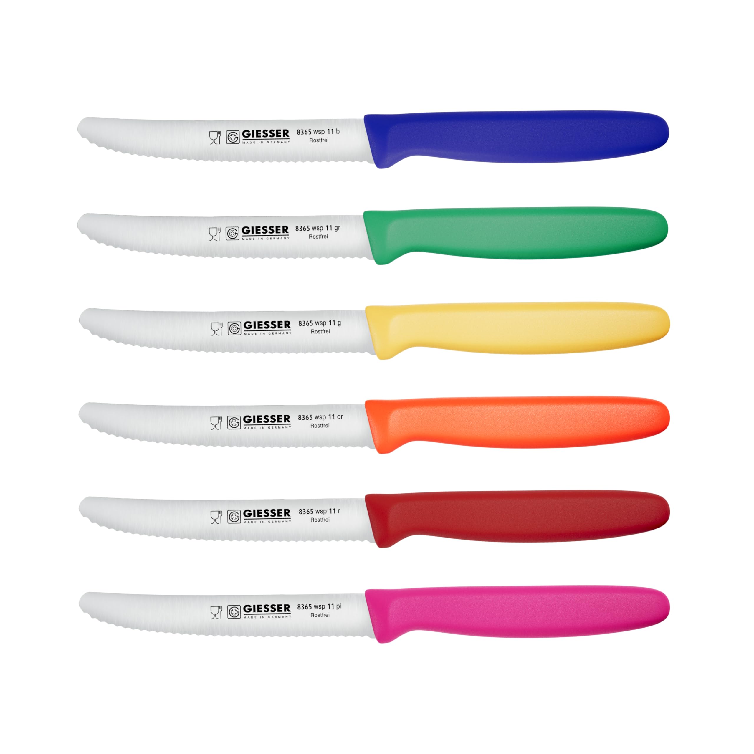 Giesser since 1776, Made in Germany, Colorful serrated Utility kitchen knives round tip dishwasher safe 4.5 inch - paring knife, Tomato knife, Steak knives set of 6, restaurant knife