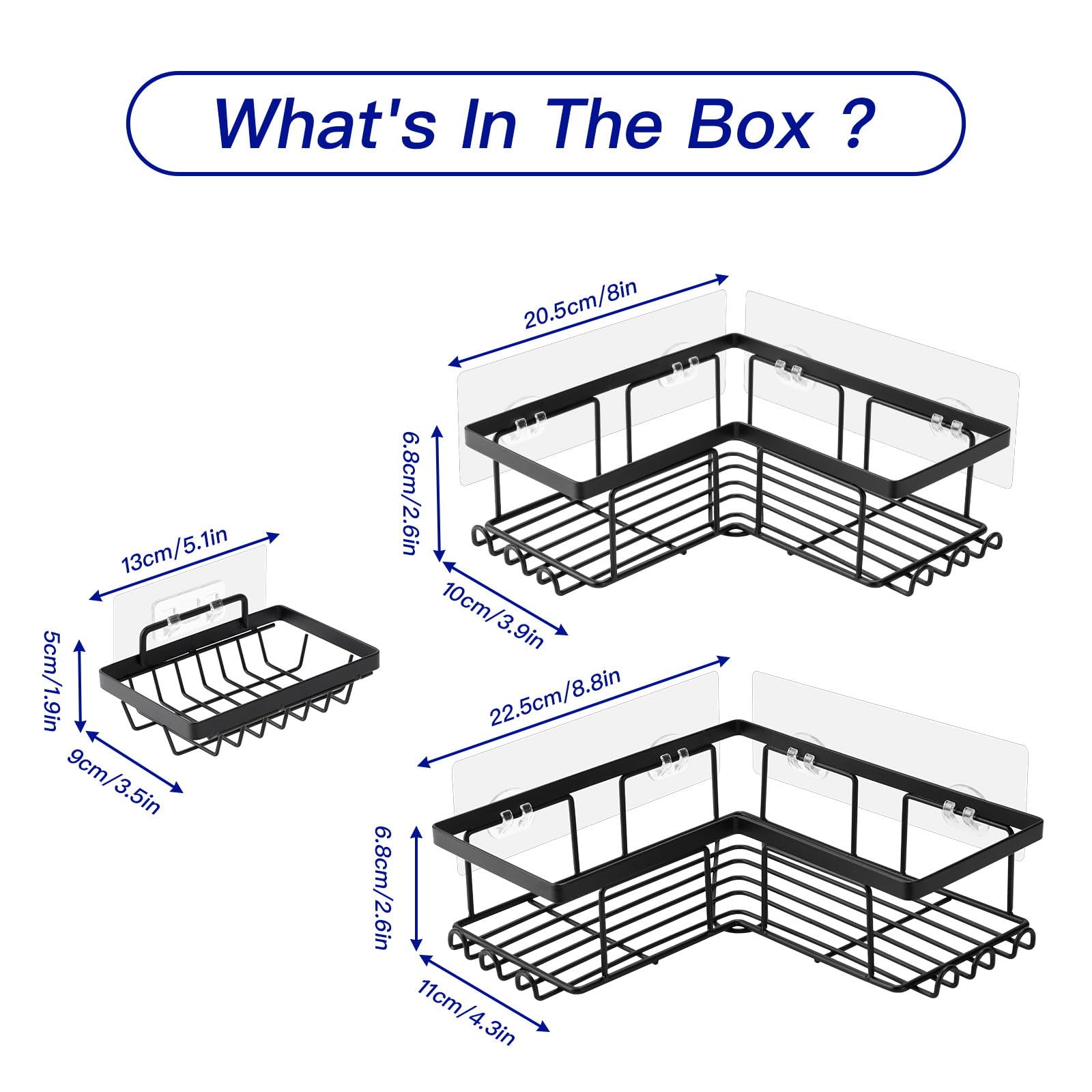 HQJUN Adhesive Shower Caddy, 3 Pack Rustproof Stainless Steel Bath Organizers With Large, Non drilling bathroom rack No Drilling Shelves for Bathroom Storage & Home Decor (Black)