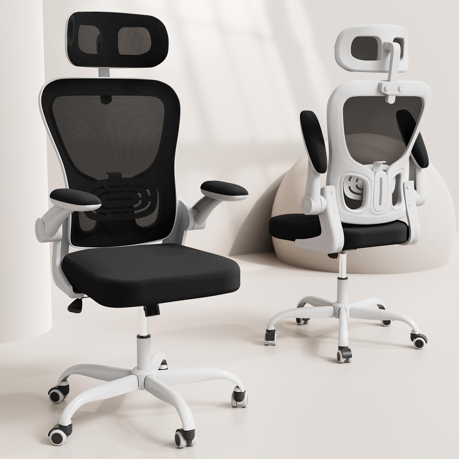 Ergonomic Office Chair, High Back Home Desk Chair with Adjustable Lumbar Support and Headrest, Breathable Mesh Swivel Task Chair, White Executive Computer Chair, Black and White