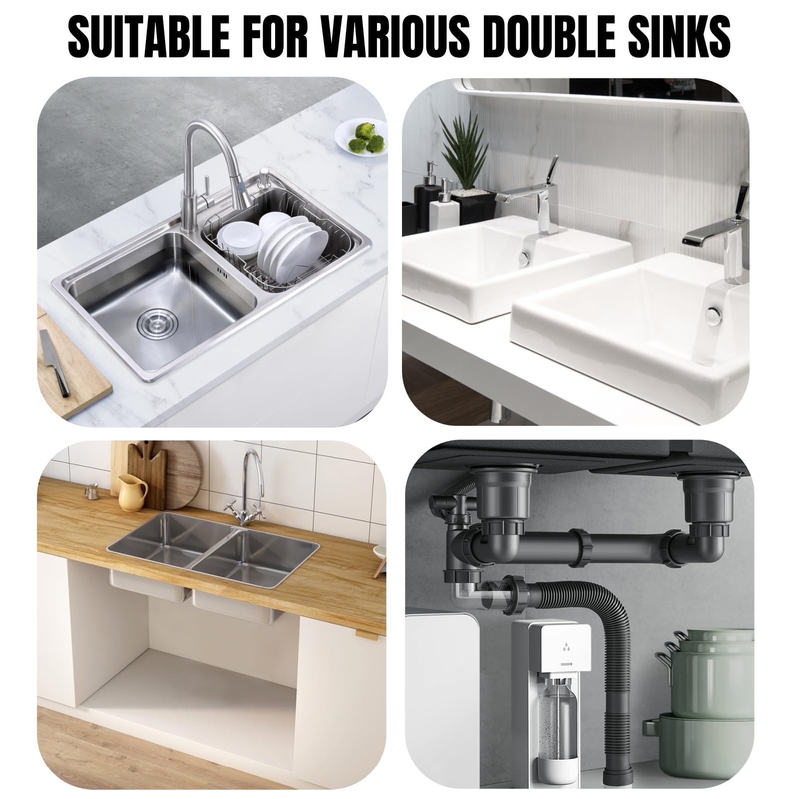 Expandable Flexible 1 1/2" or 1 1/4" Pipe kit for Double Kitchen Sink, All-In-One-Drain Kit for Double Bowl Sinks, Space saving, Suitable for Kitchen, Bathroom, Restroom