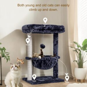 SYANDLVY Small Cat Tree for Indoor Cats, Activity Cat Tower with Scratching Post for Kittens, Cat Condo & Furniture with Basket & Hanging Ball for Play Rest