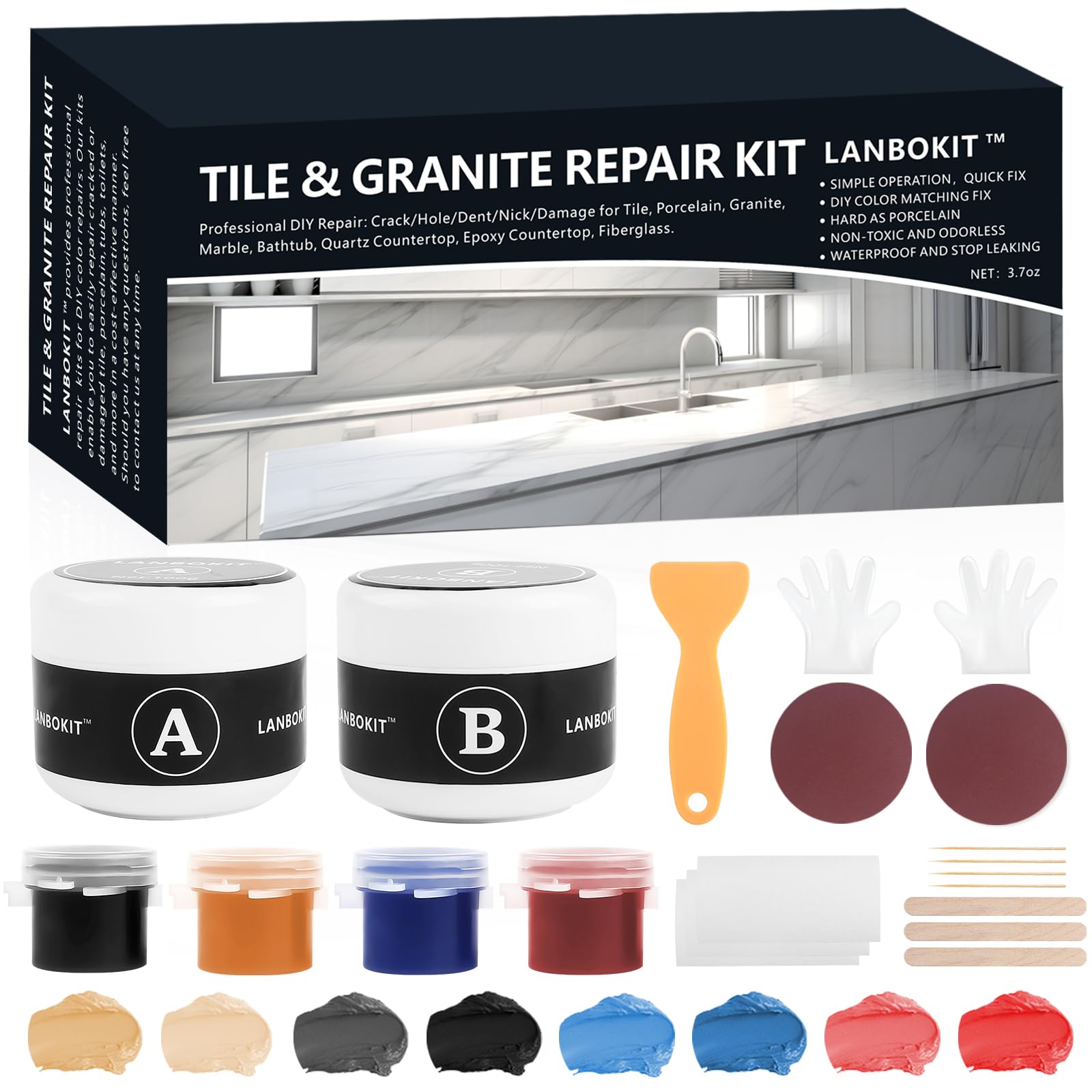 Tile and Fiberglass Tub Repair Kit, LANBOKIT Marble and Granite Repair Kit, Porcelain Repair Kit for Sink & Toilet, Epoxy and Quartz Countertop Repair Kit for Cracks Chips Scratches Holes Dents