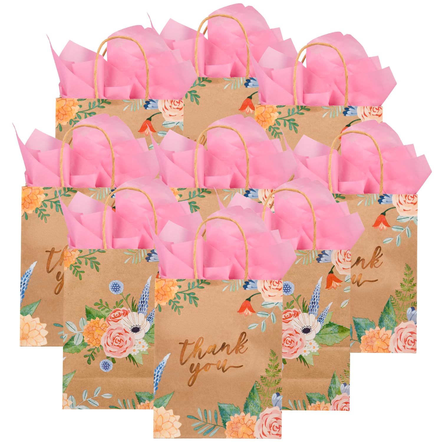 DjinnGlory 25 Pack 10x8x4 Inch Medium Sized Brown Kraft Floral Paper Gift Bags with and 25-Sheet Pink Tissue Paper for Birthday Wedding Baby Shower Party Treats, Goodies, Christmas Gifts (Thank You Design)