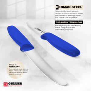 Giesser since 1776, Made in Germany, Blue serrated Utility kitchen knives round tip dishwasher safe 4.5 inch - paring knife, Tomato knife, Steak knives set of 6, restaurant knife (Single)