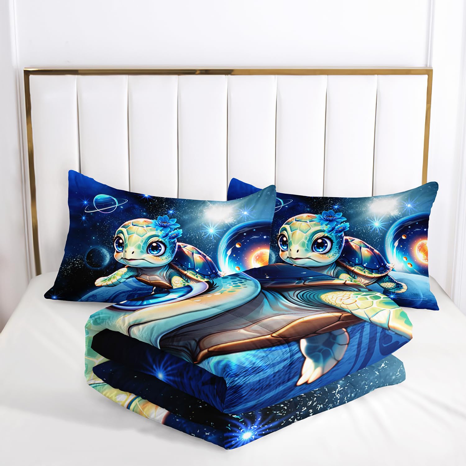 AILONEN 3D Sea Turtle Comforter Set Full Size, Cute Turtle Blue Space Galaxy Planet Bedding Set for Room Decor,Kawaii Kids Boys Girls Ocean Turtle Quilt with 2 Pillowcases,3 Pieces