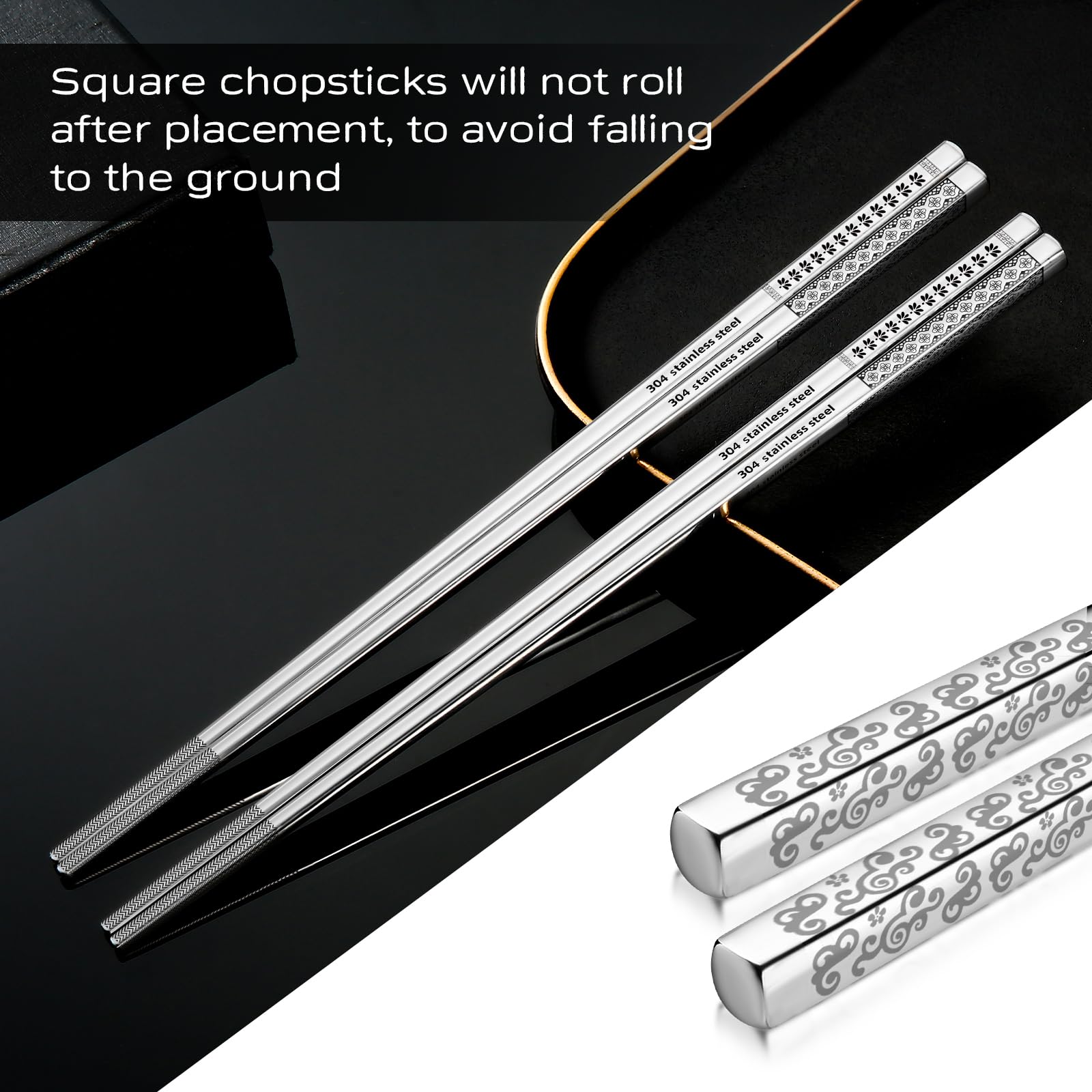 8 Pairs Metal Chopsticks Reusable 18/8 Stainless Steel Chopsticks Set Cute Laser Engraved Non-slip Japanese Korean Chinese Chopstick for Cooking Eating Dishwasher Safe 9.25" Chop Sticks Gift Set