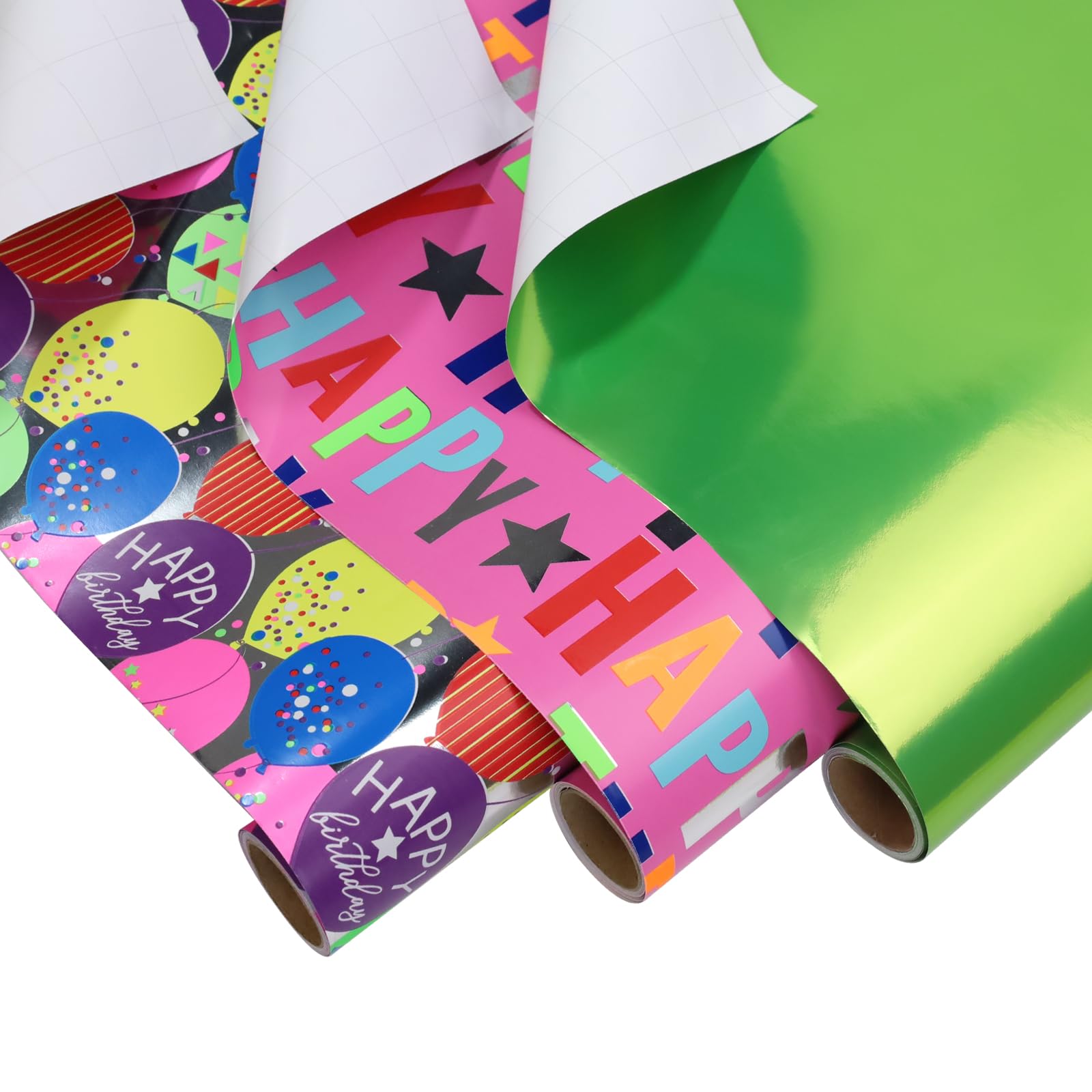 BIOBROWN Birthday Wrapping Paper - 30 Inch X 10 Feet (3 Rolls: 75 sq. ft. ttl.) - Balloons & Neon Green Design Perfect for Birthday, Party, Baby Shower, Christmas, Gift Wrap