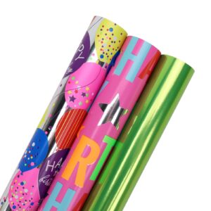 biobrown birthday wrapping paper - 30 inch x 10 feet (3 rolls: 75 sq. ft. ttl.) - balloons & neon green design perfect for birthday, party, baby shower, christmas, gift wrap