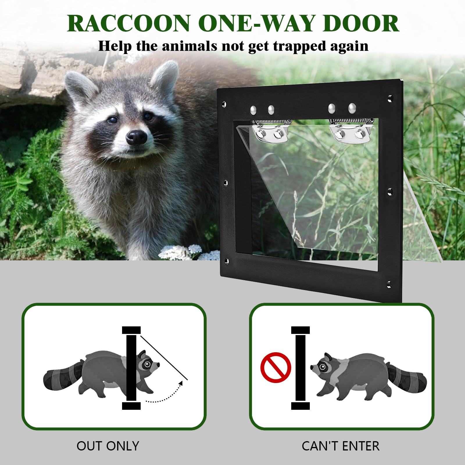 Raccoon One Way Eviction Door, Raccoon Trap Live Catcher, The Raccoon Trap Contactless Excluder for Attics, Under Decks, and Chimneys, DIY Installation(with 8 Tie Tapes)