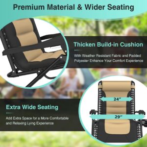 Suteck Oversized Zero Gravity Chair 29In XL Reclining Camping Chair w/Build-in Cushion, Outdoor Lounge Chairs Patio Recliner with Larger Cup Holder Footrest Padded Headrest, 330LBS, Khaki&Black