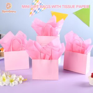 DjinnGlory 24 Pack Mini Tiny Small Pink Paper Gift Bags with Handles 6x5x2.5 Inch and 24 Tissue Paper for Wedding Baby Shower Princess Birthday Party Favors Goodies