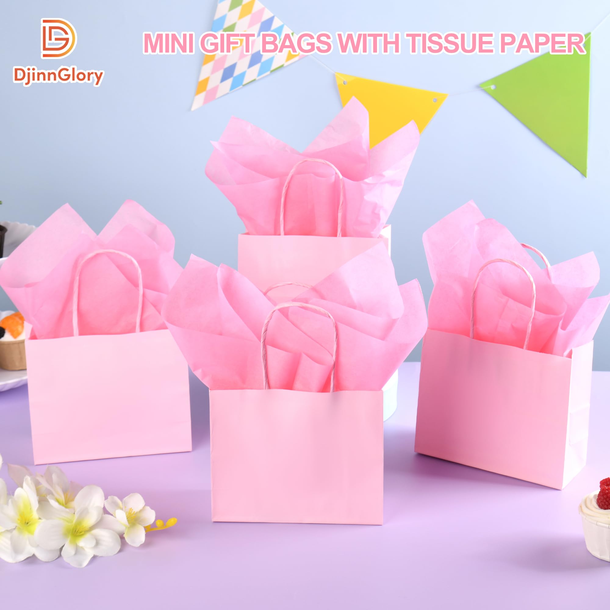 DjinnGlory 24 Pack Mini Tiny Small Pink Paper Gift Bags with Handles 6x5x2.5 Inch and 24 Tissue Paper for Wedding Baby Shower Princess Birthday Party Favors Goodies