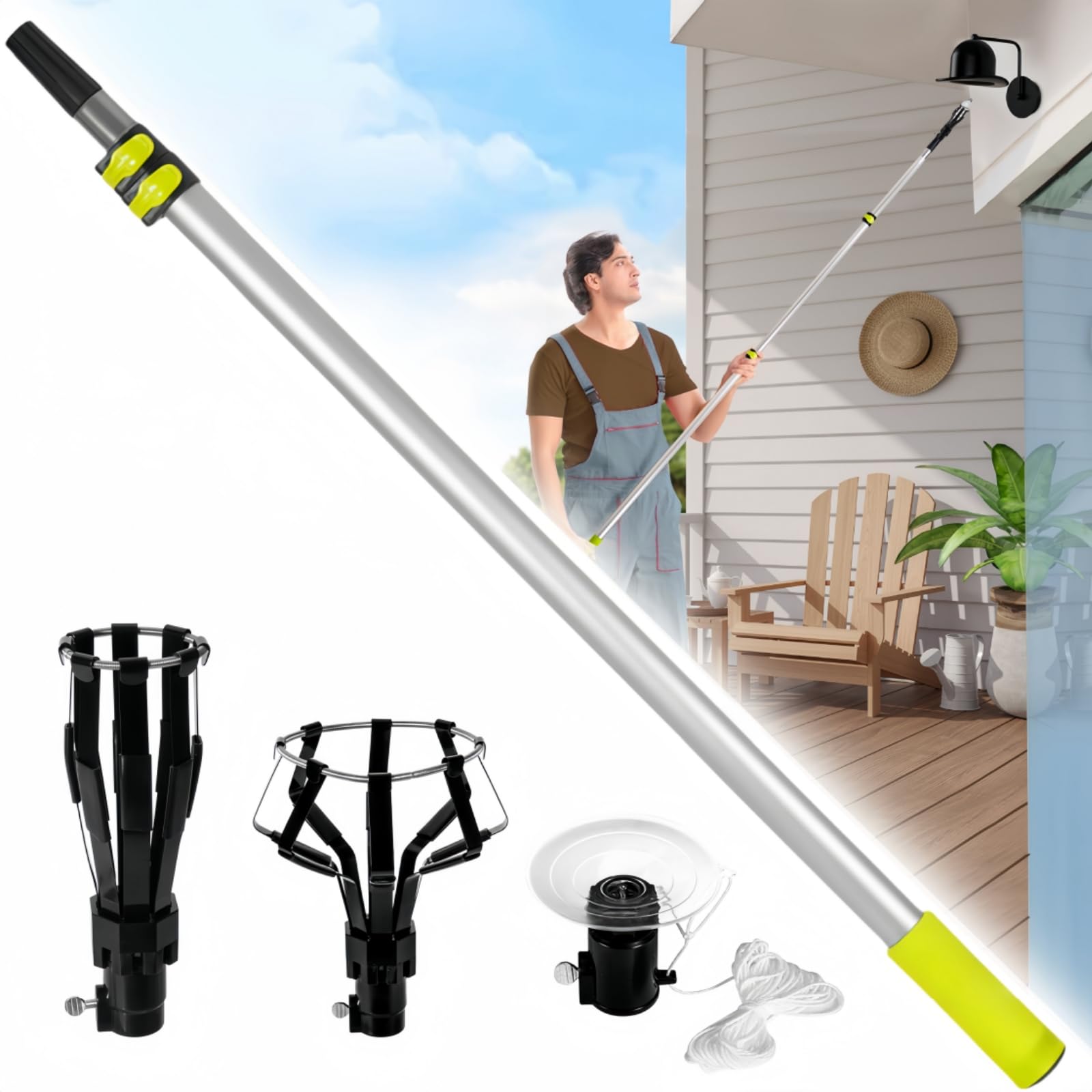 Ziopetru 10 FT Light Bulb Changer for High Ceilings, 3.6 to 10 FT Aluminum Telescopic Bulb Changer with Baskets and Suction Cup, Light Bulb Removal Tool for Household