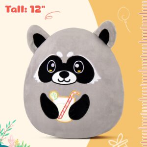 Glow Guards 12-Inch Raccoon Plush Pillow Cute Raccoon Stuffed Animal Soft Raccoon Plush Toy Holding Juice, Birthday Raccoon Gift for Boys Girls Kid