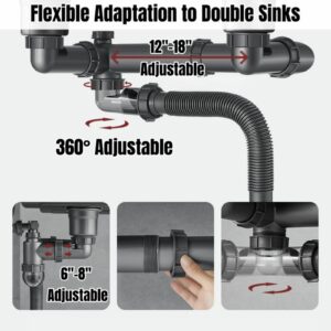 Expandable Flexible 1 1/2" or 1 1/4" Pipe kit for Double Kitchen Sink, All-In-One-Drain Kit for Double Bowl Sinks, Space saving, Suitable for Kitchen, Bathroom, Restroom