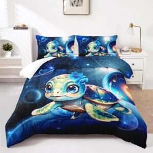 ailonen 3d sea turtle comforter set full size, cute turtle blue space galaxy planet bedding set for room decor,kawaii kids boys girls ocean turtle quilt with 2 pillowcases,3 pieces