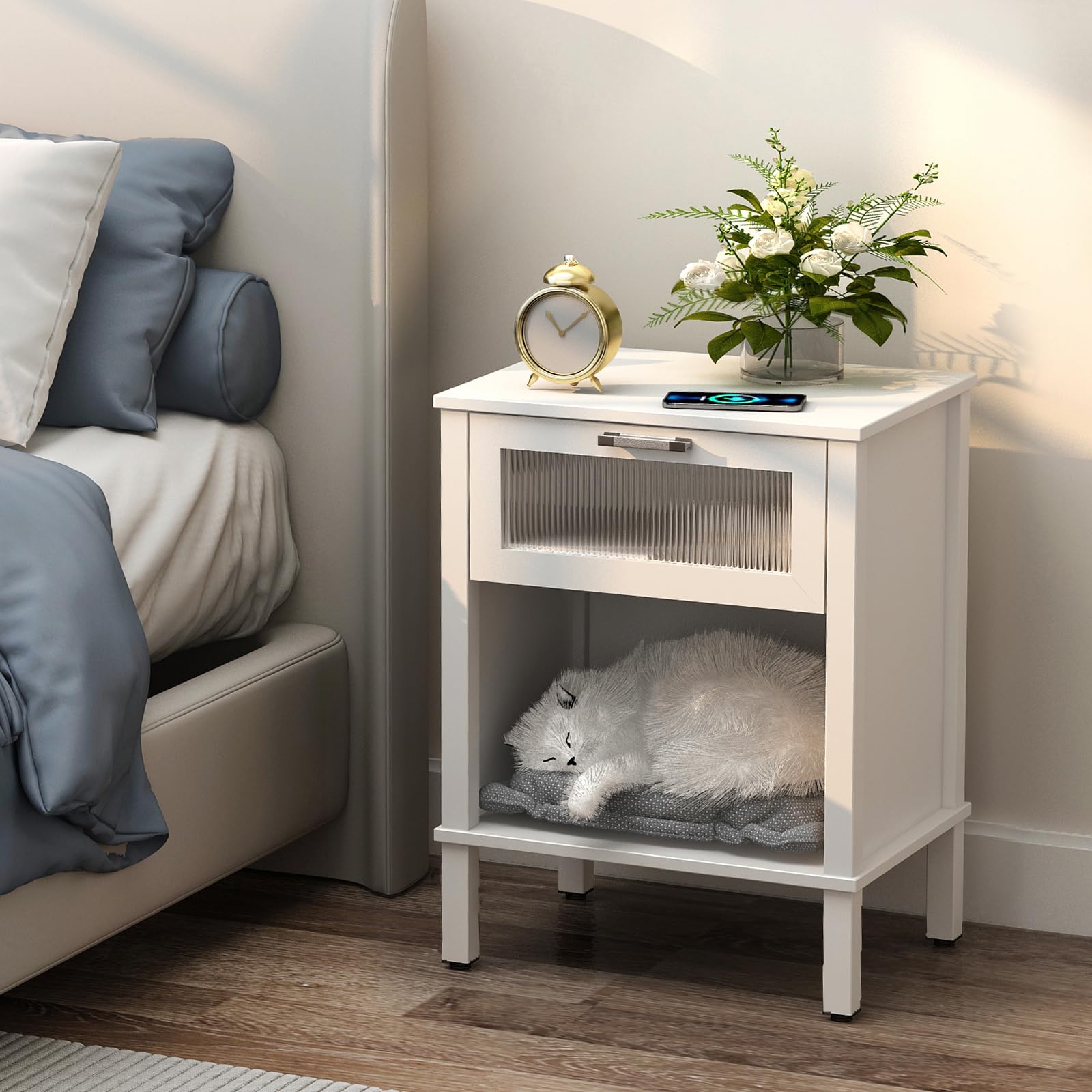 YAUKOMEL Small White Nightstand, End Table with Drawer, Bed Side Table,Nightstand with Acrylic Drawer for Living Room, Bedroom,Small Space White CTG67W