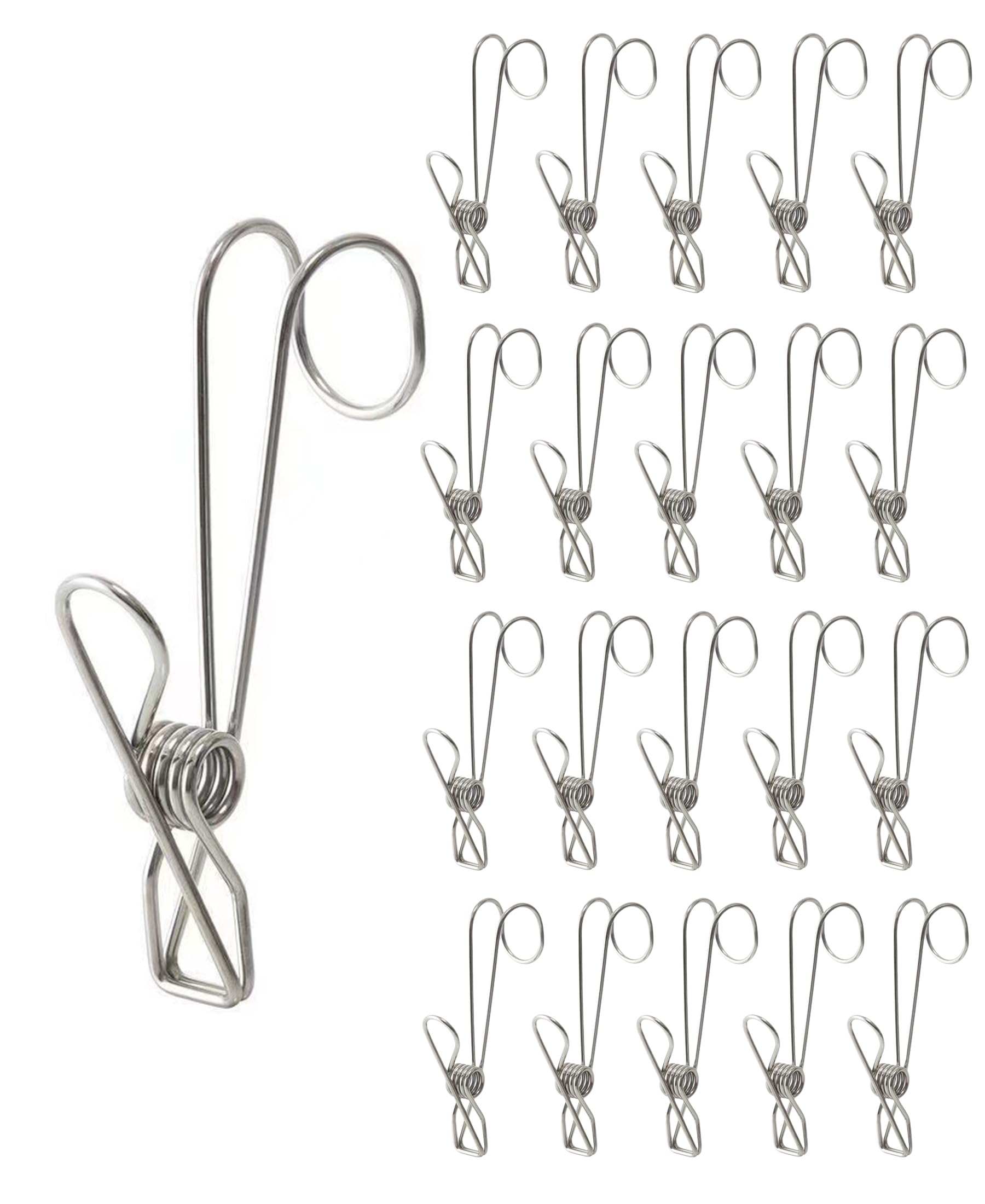 Generic 20 Clips Pack Stainless Steel Clothespins with Hooks Metal Spring Universal Long Hanging Clip for Offices Kitchens Bathroom