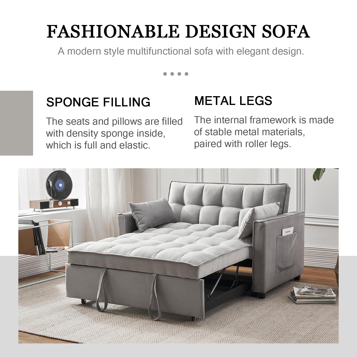 ECHINGLE 54.8'' Sleeper Sofa Bed 3-in-1 Convertible Couch with Pullout Bed, Reclining Backrest, Storage Pockets – Modern Space Lounge Furniture for Living Room, Includes Toss Pillows,Grey