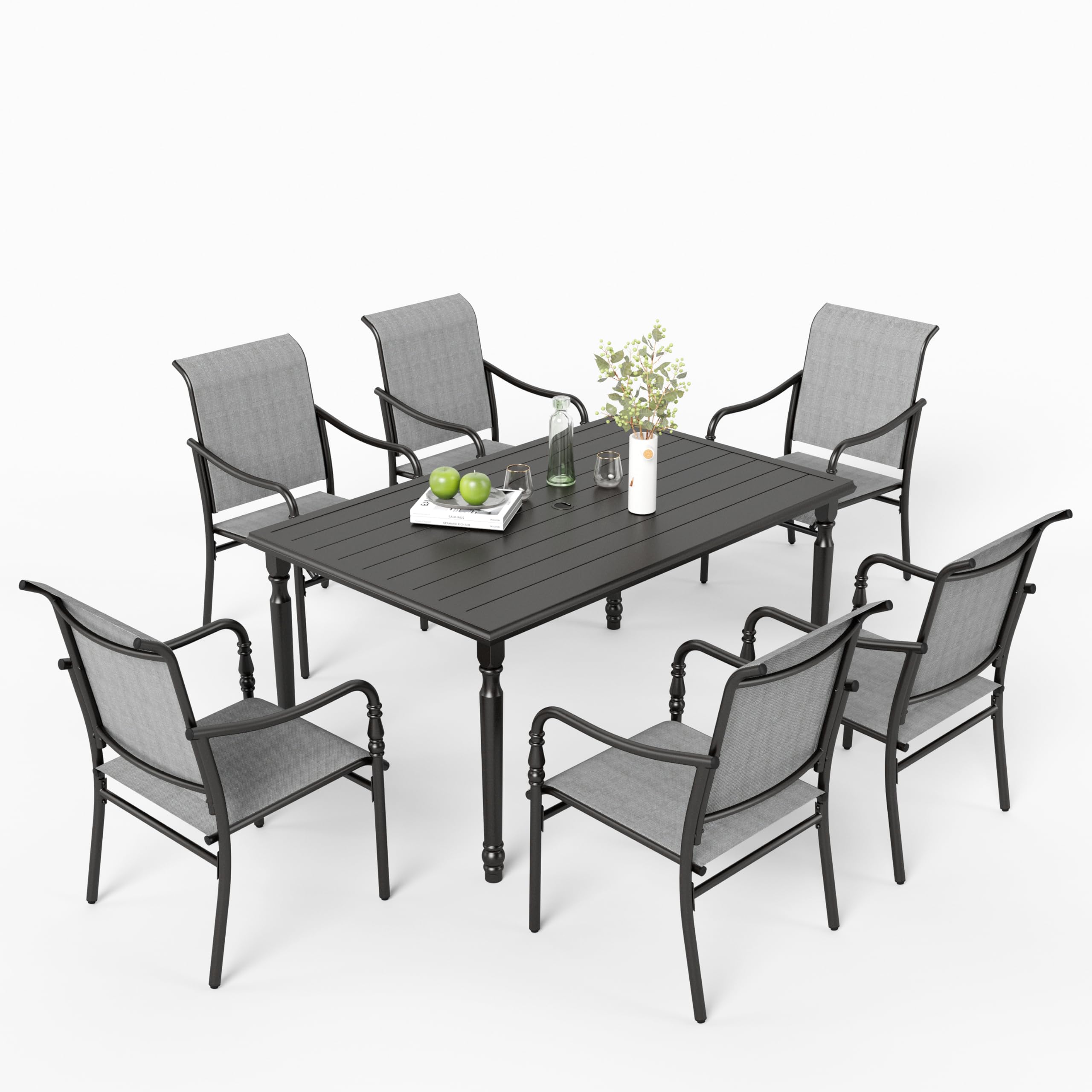 MIXPATIO 7 Pieces Patio Dining Set, Patio Dining Set for 6, 6 x Textilene Dining Chairs, 60" Rectangular Outdoor Dining Table with 1.77" Umbrella Hole, for Lawn Garden Backyard Deck, Grey