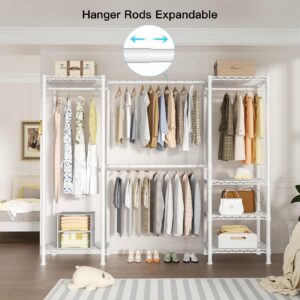 Ulif E7 Heavy Duty Garment Rack, Clothes Organizer and Storage Rack with Expandable Hangers, Metal Clothing Rack with 6 Wire Shelves, (52.3"-72") W x 14.5" D x 71.2" H, Load 740 LBS, White