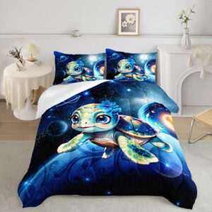 AILONEN 3D Sea Turtle Comforter Set Full Size, Cute Turtle Blue Space Galaxy Planet Bedding Set for Room Decor,Kawaii Kids Boys Girls Ocean Turtle Quilt with 2 Pillowcases,3 Pieces