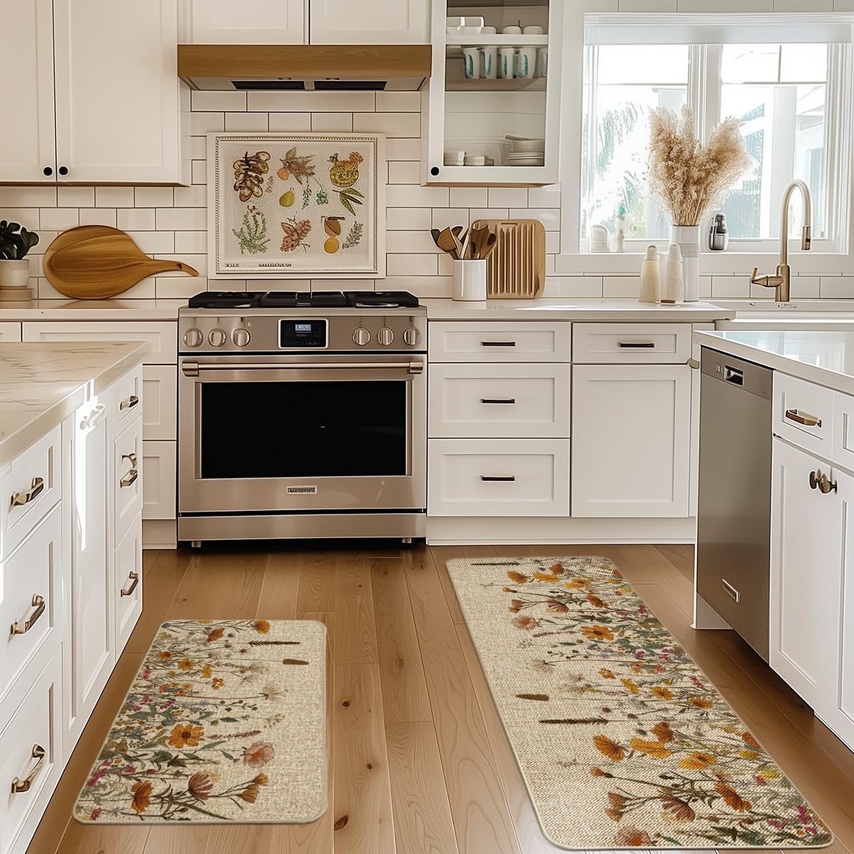 Artoid Mode Flowers Fall Kitchen Mats Set of 2, Autumn Home Decor Low-Profile Kitchen Rugs for Floor - 17x29 and 17x47 Inch