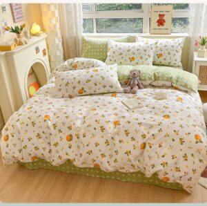 generic 100% cotton duvet cover and 2pc pillowcases twin queen king full size orange fruit print bed linen bedding home textile with zipper closure and 4 tiers (king), green