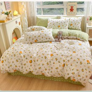 Generic 100% Cotton Duvet Cover and 2pc Pillowcases Twin Queen King Full Size Orange Fruit Print Bed Linen Bedding Home Textile with Zipper Closure and 4 Tiers (King), Green