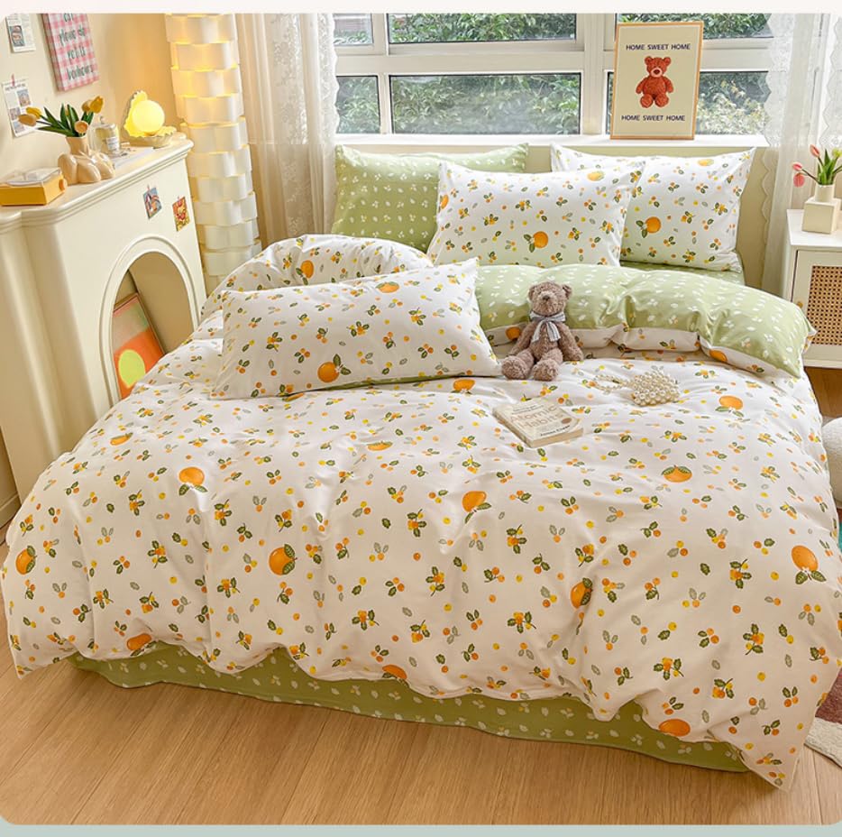 Generic 100% Cotton Duvet Cover and 2pc Pillowcases Twin Queen King Full Size Orange Fruit Print Bed Linen Bedding Home Textile with Zipper Closure and 4 Tiers (King), Green