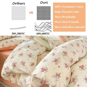 CinYana 100% Cotton Floral Duvet Cover Set 3 PCS Chic Garden Bedding Set Queen Mini Floral Duvet Cover Reversible Floral Comforter Cover Soft Breathable for All Seasons (Beige,Queen)